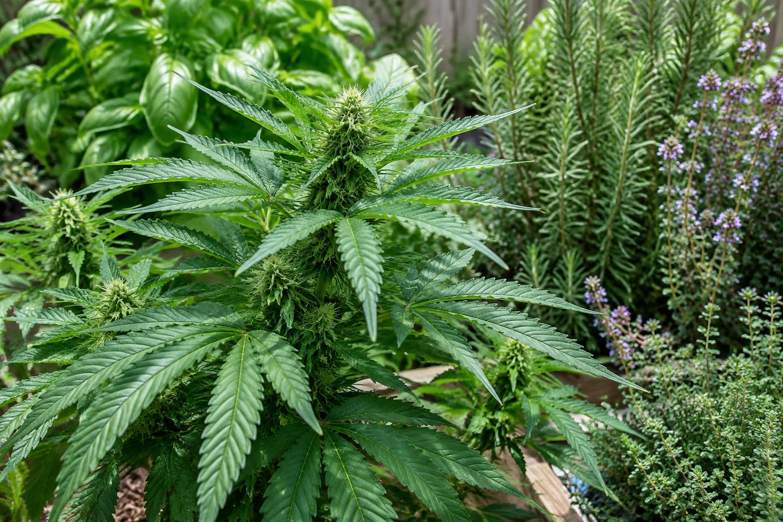 Cannabispflanze zwischen Kräutern im Garten – KI-generiertes Themenbild